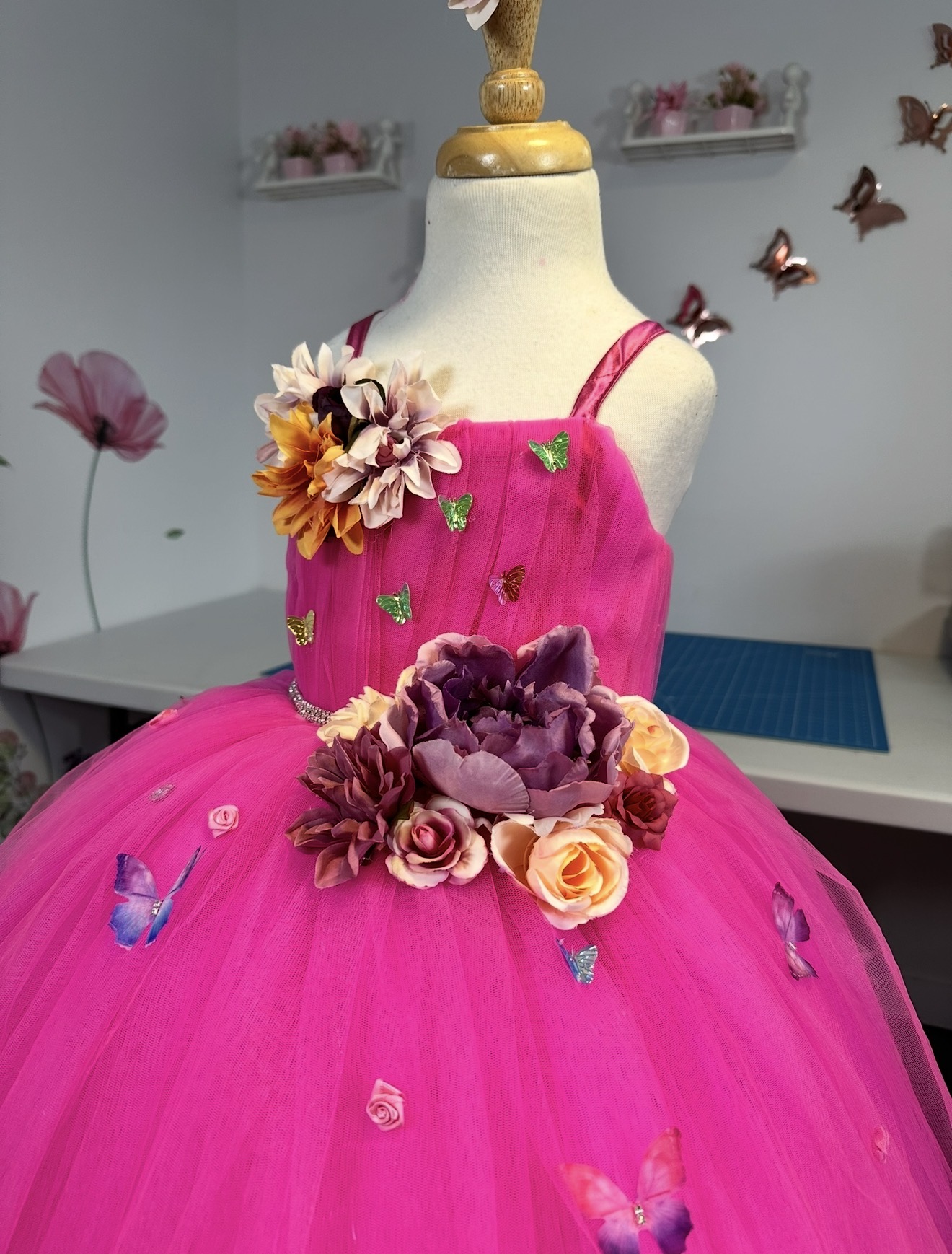 Fuchsia floral tulle ball dress