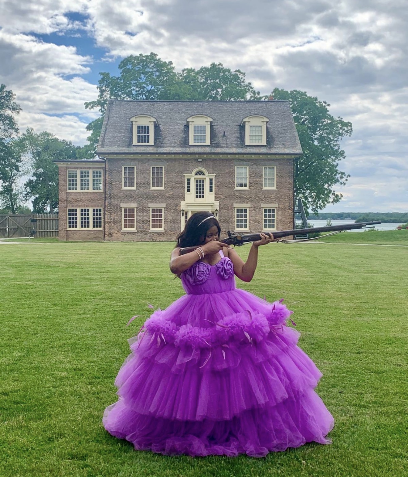 Purple tiered feather ballgown