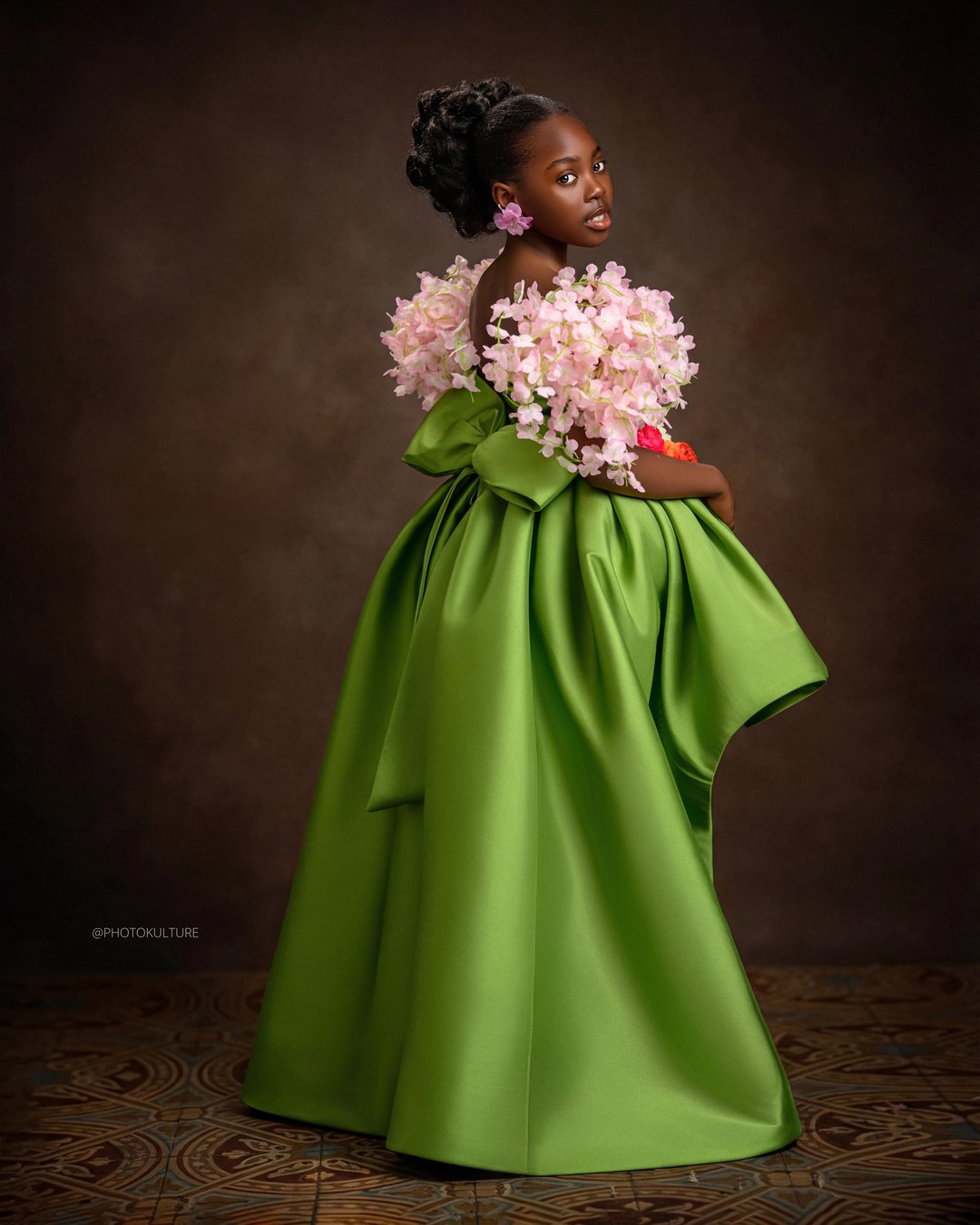Green satin floral gown